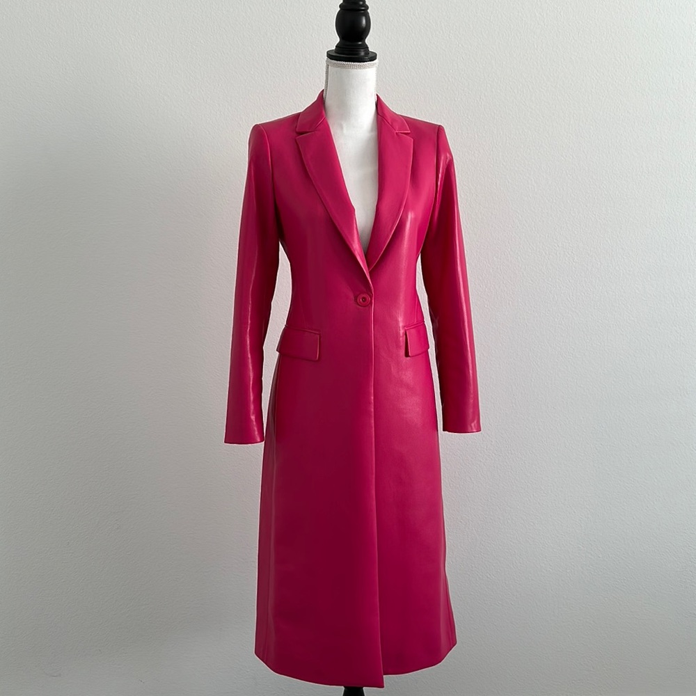 VEGAN LEATHER NOTCH COLLAR LONG BLAZER - Picture 7 of 11